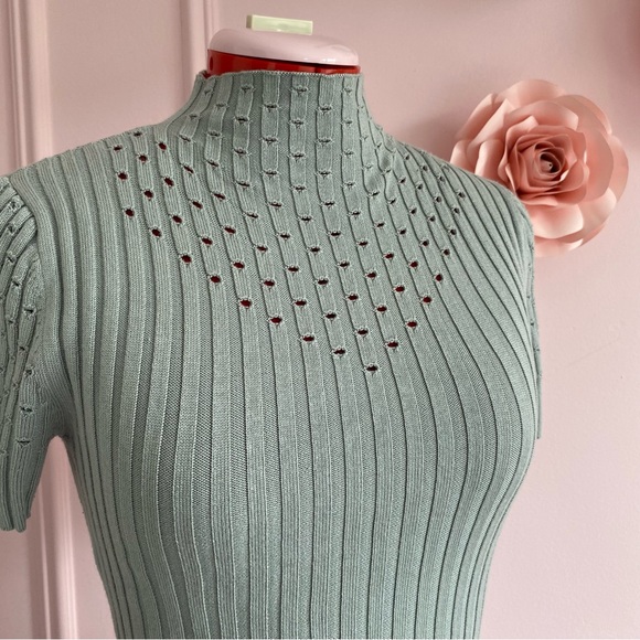 VENUS Short Sleeved Sweater, Ribbed Mock-Neck, Stretch, Eyelets, Muted Green, XS - Picture 3 of 8